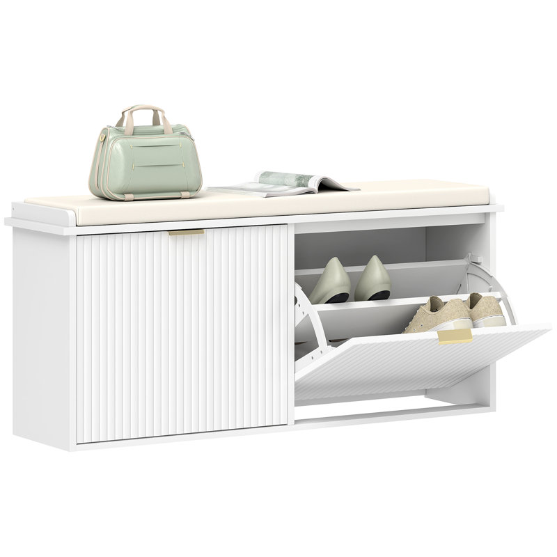 HOMCOM Shoe Bench, Padded Seat Cushion, Flip-Drawer, White