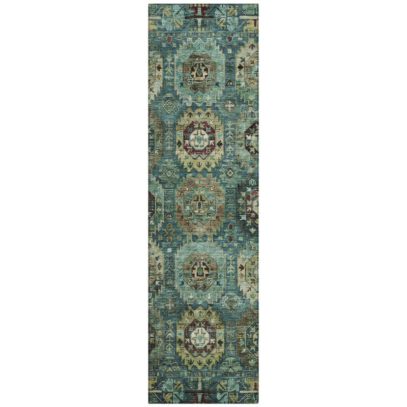 Machine Washable Indoor/Outdoor Xhevrie Teal Rug, Runner 2'3" x 7'6"