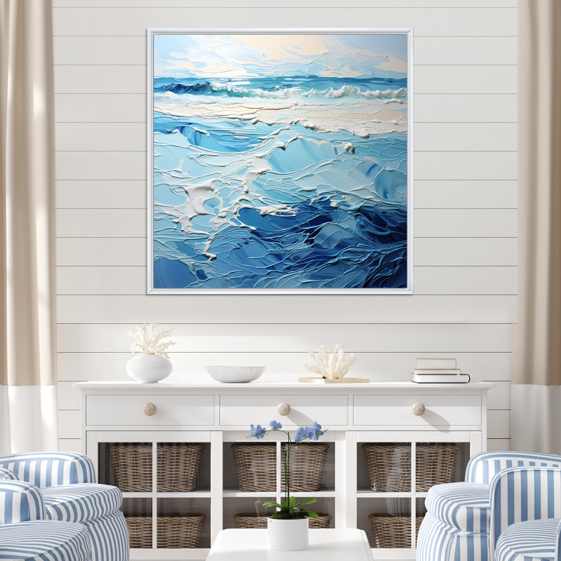 Bleu et blanc, vagues modernes de la côte II - art mural minimaliste côtier, Cadre flottant blanc, H 16 po x l 16 po