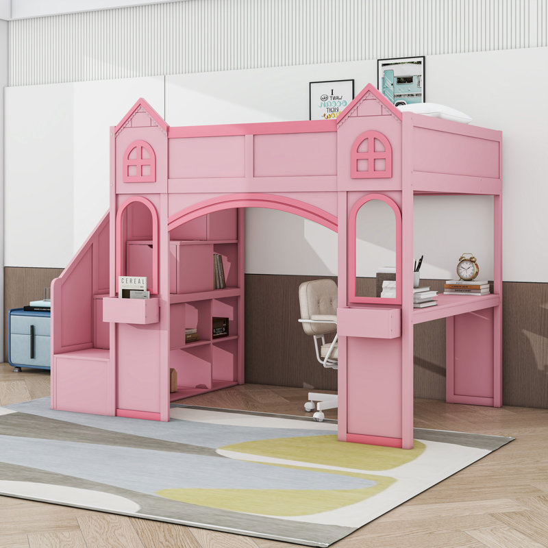 Lit mezzanine double avec bureau réglable, rangement pour escalier et éclairage DEL, Rose/Rose pâle