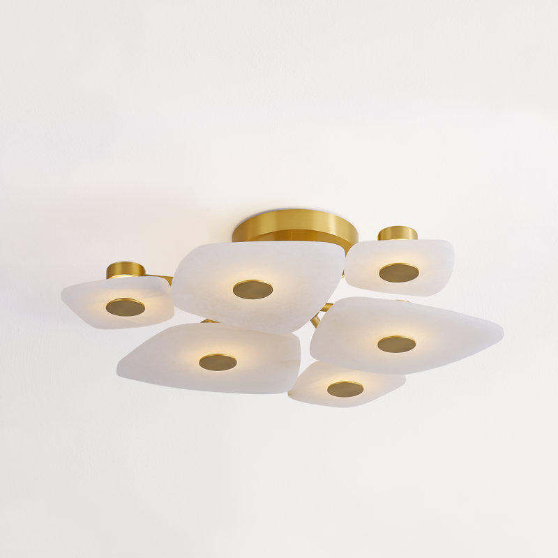 Aged Brass 6-Light LED Semi-Flush Mount with Alabaster Shades