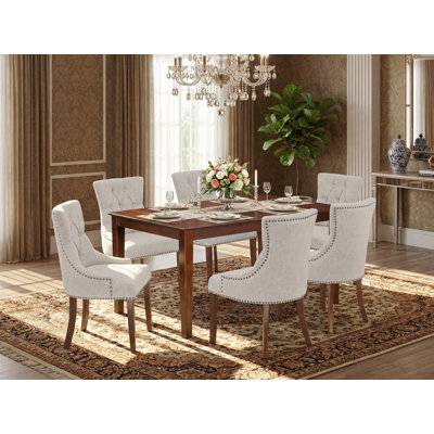 Ensemble de table de salle à manger 7 pièces composé d'une table de cuisine rectangulaire et de 6 chaises Parson revêtues de tissu de lin, acajou