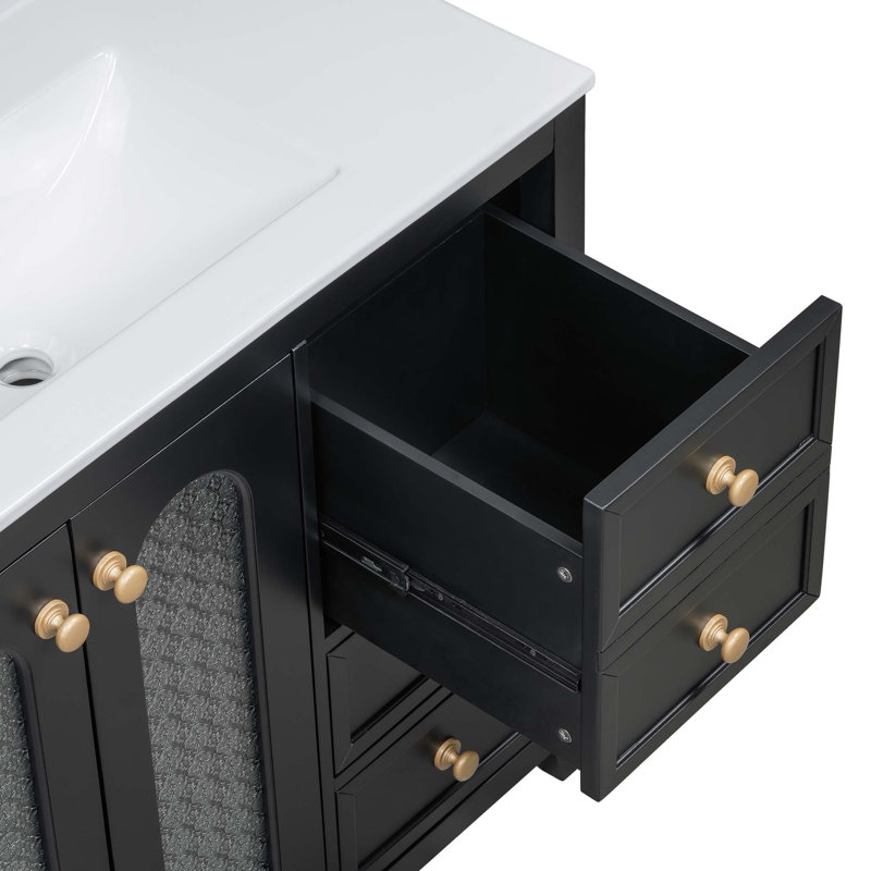 Meuble-lavabo de 36 pouces avec deux portes à fermeture douce, des tablettes réglables et trois tiroirs, Noir