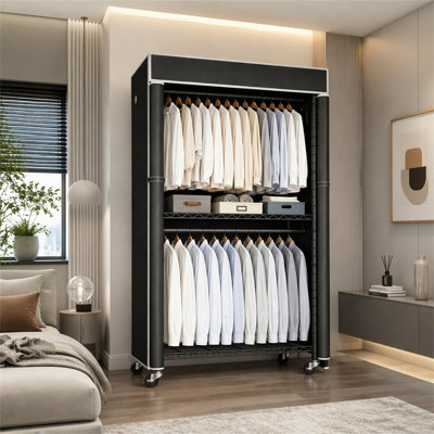 Portant à vêtements autoportant avec housse anti-poussière, placard à vêtements suspendu en métal avec tablette de rangement, crochets latéraux et roulettes, organisateur de garde-robe portatif pour le rangement de la chambre à coucher