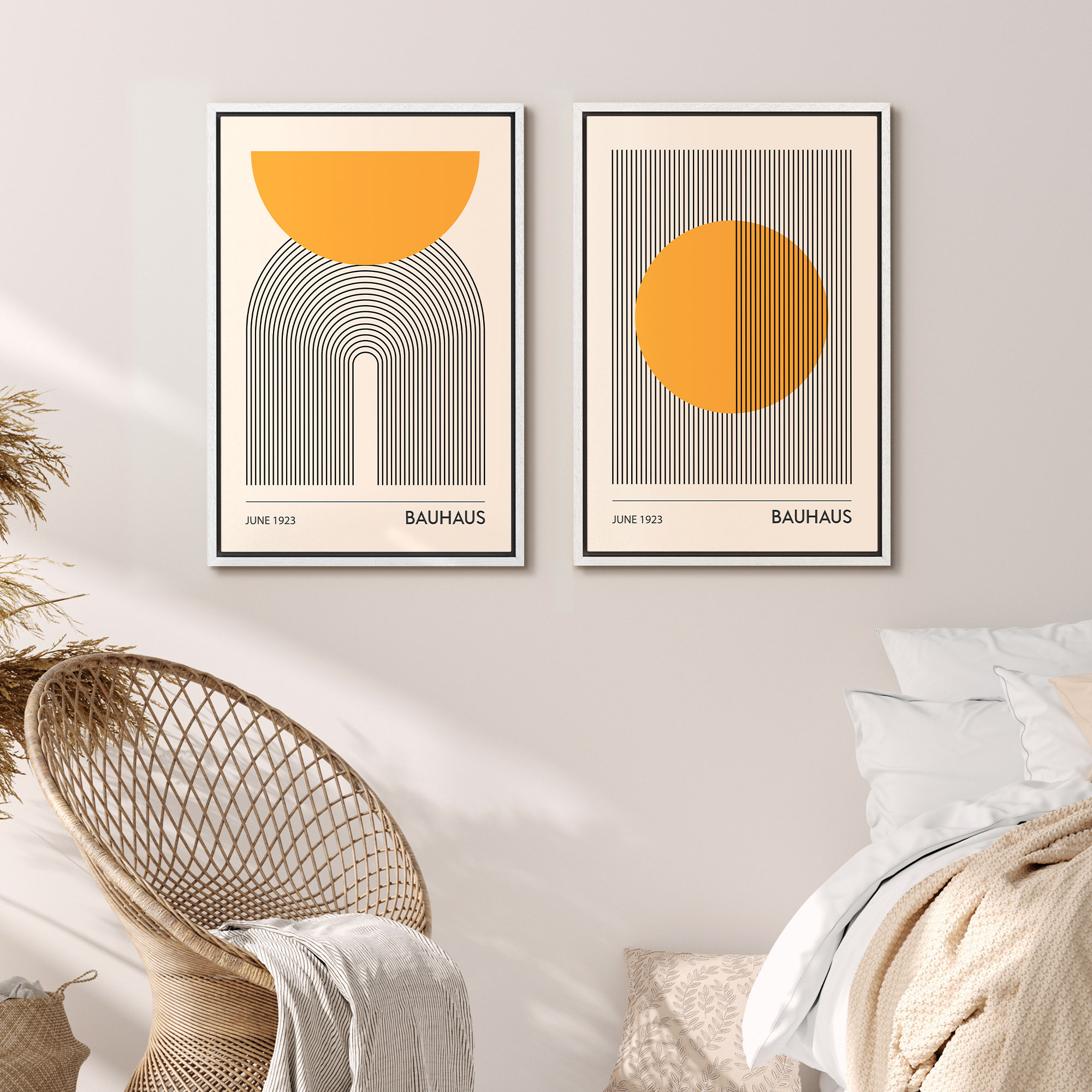 Mid Century Modern Boho Bauhaus Solar Sun Abstract Art Decor Framed On Canvas 2 Pieces Print, White Floater Framed