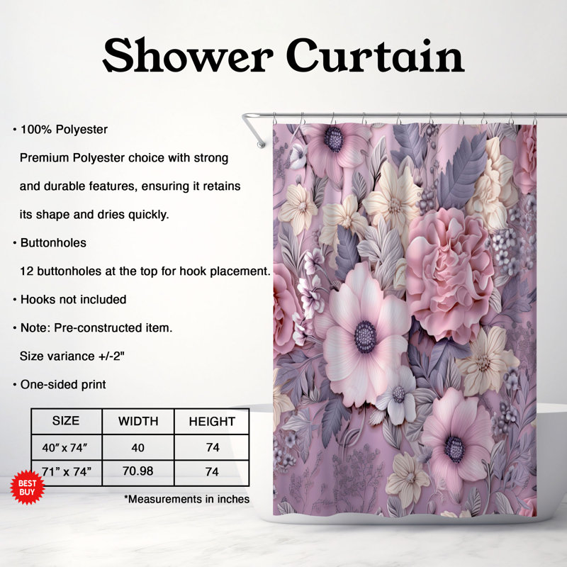 Lovely Florals - Rideau de douche standard 1 pièce, H 74 po x l 71 po