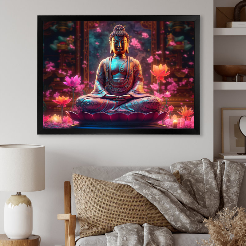 Starlight Buddha I - Décoration murale paysage religieux, H 34 po x l 44 po x P 1,5 po, Cadre noir