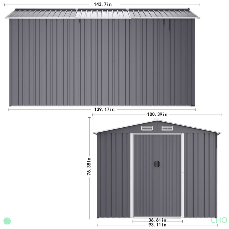 Grande remise en métal pour l'extérieur, H 76,36 po x l 100,37 po x P 143,73 po