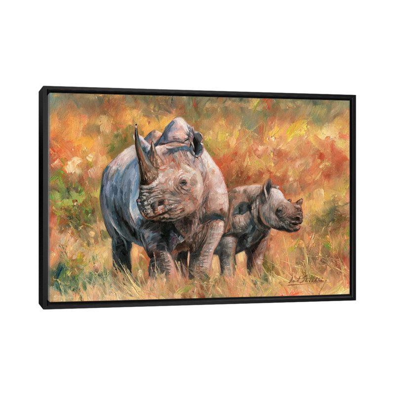 «Rhino and Baby», impression sur toile, H 18 po x l 26 po x P 1,5 po, Toile encadrée noire, Pas de tapis