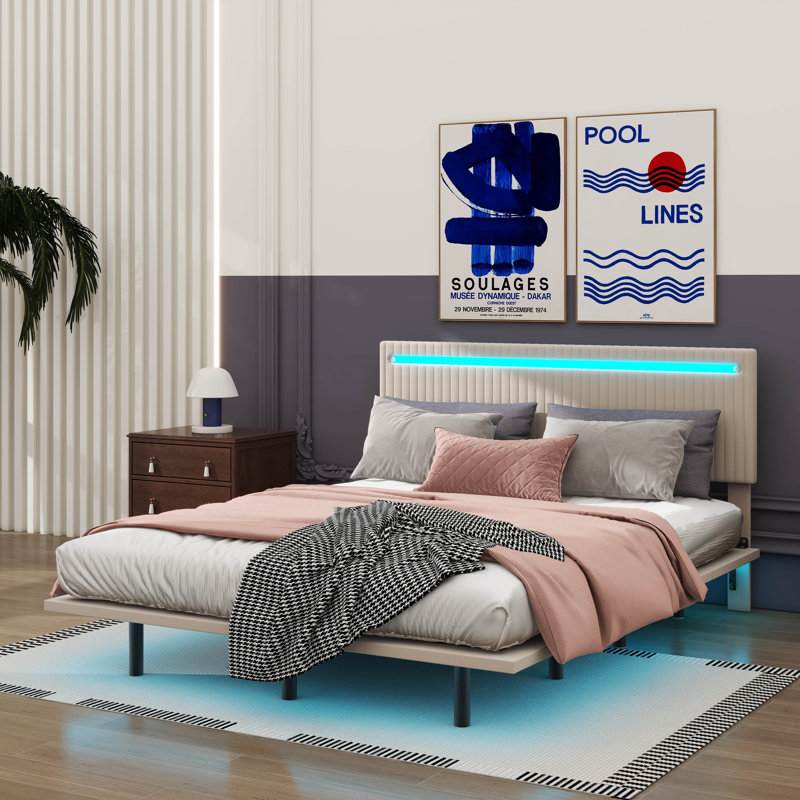 Modern LED-Lit Upholstered Floating Bed Frame, Beige, Queen