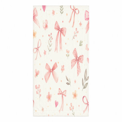 1Pcs cute pink bows and floral pattern beach towel, featuring charming watercolor illustrations of ribbons blossoms. Soft microfiber, ideal for trips, swimming, travel, suitable girls.