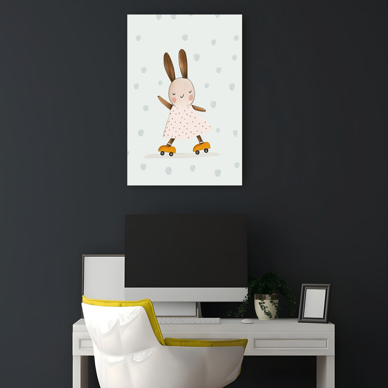 Happy Skating Bunny Playful Whimsical Contemporary Rabbit Forest Wall Art Print 1 Piece Wrapped Canvas Wall Art