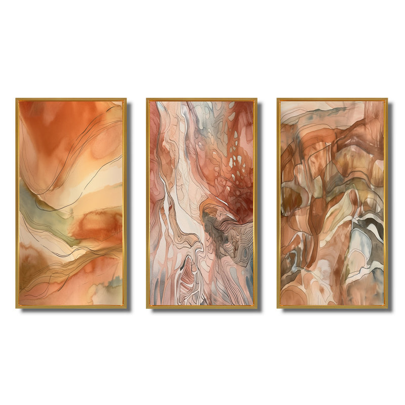Chocolate Dreams Terra Cotta Abstract - Abstract Painting Art Set Of 3 Pieces, Encadrement doré, H 28 po x l 36 po