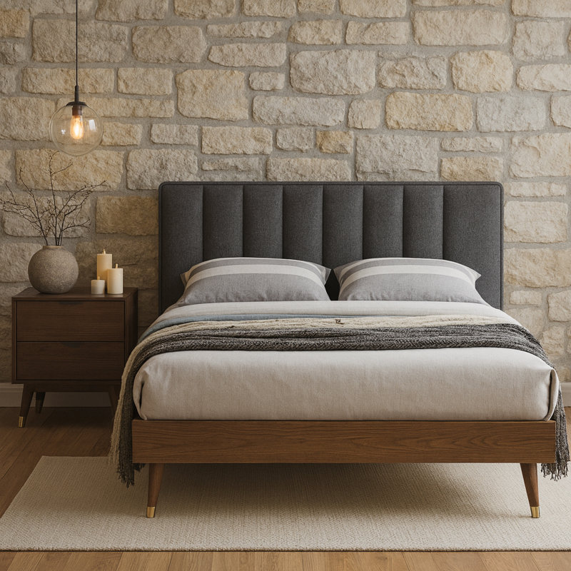 Lit plateforme tapissier Scholz, Grand lit, Tissu gris texturé en lin