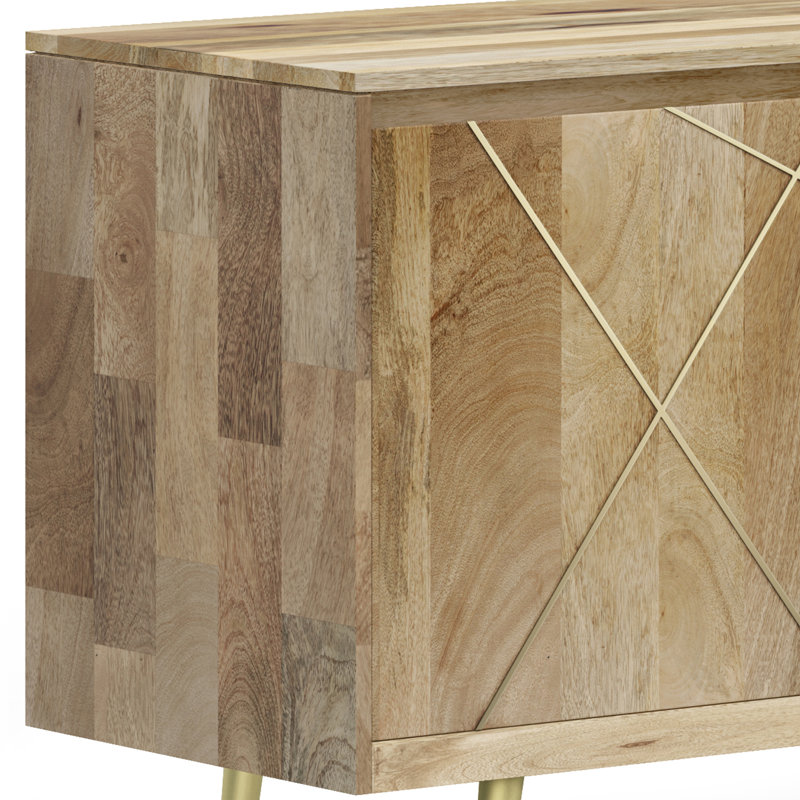 Jager 60"W Solid Mango Wood Mid-Century Contemporary 3-Door Sideboard Buffet with Geometric Brass Inlay