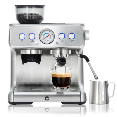 Cafetière à espresso argentée à 20 barres avec meuleuse en acier inoxydable intégrée et volume de tir réglable de 1,5 L, réservoir d'eau amovible, mousseur à vapeur pour le bureau à domicile