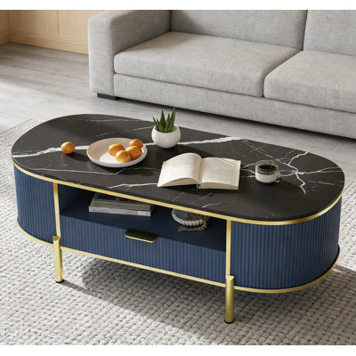 Table basse 48 po ovale avec tiroir, table de centre cannelée en bois avec plateau en faux marbre, table d'appoint décorative pour salon, bureau, bleu