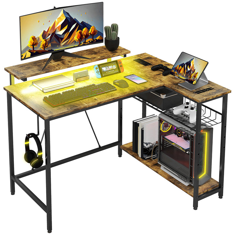 Rustic Brown Adjustable Height L-Shaped Computer Desk with Power Outlet and USB Port