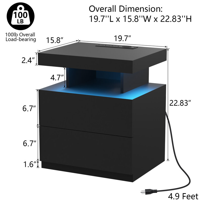 Table de chevet 2 tiroirs Chappa avec station de charge sans fil et lumières DEL intelligentes, Noir