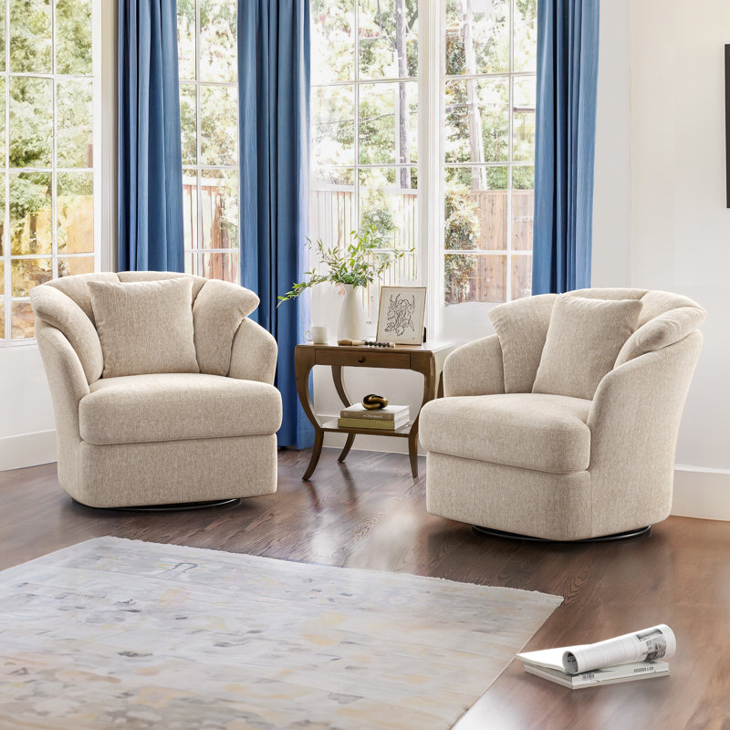 Lillyona Chenille Swivel Barrel Chairs, Light Khaki Chenille