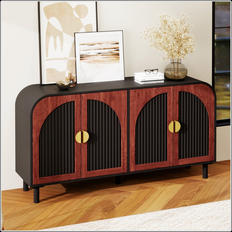 Buffet rétro arqué avec poignée en demi-lune dorée, rangement en panneau de fibres à densité moyenne avec tablettes réglables et pied central en bois massif pour la salle à manger et le salon