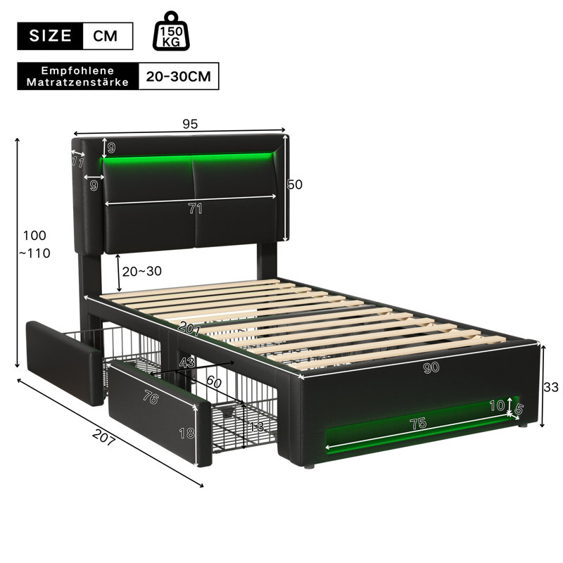 Dawsyn Upholstered Ottoman Storage Bed, European Single (90 x 200cm), Black