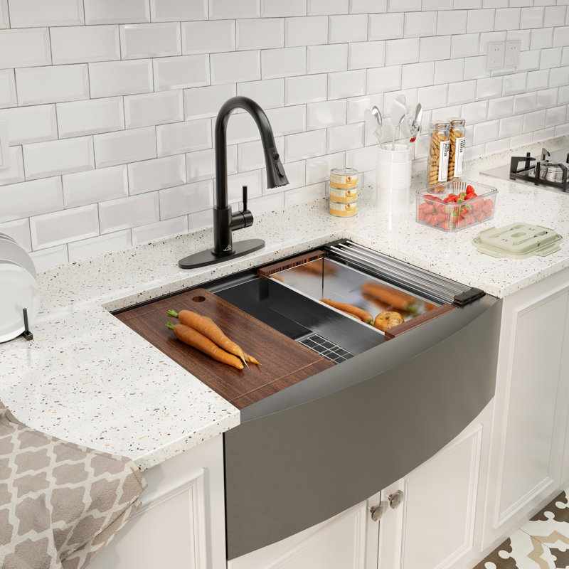 Casainc 33" L x 22" W Farmhouse Kitchen Sink with Faucet Included, Gunmetal Black