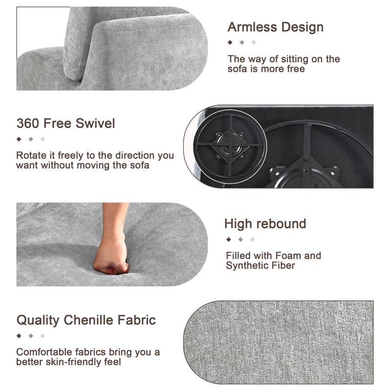 Nita Swivel 84.1 Cm Wide Swivel Lounge Chair, Light Grey Chenille/Foam Padding