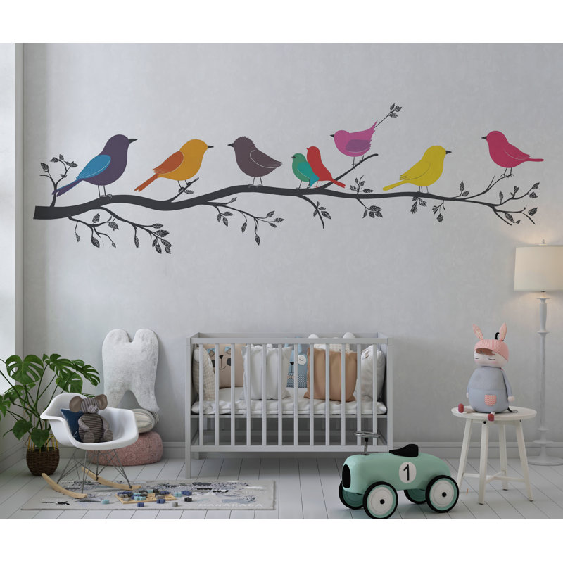 Décoration d'oiseaux colorés sur une branche, autocollant mural de chambre de bébé, branche d'arbre, amovible, chambre d'enfant, 077Gm