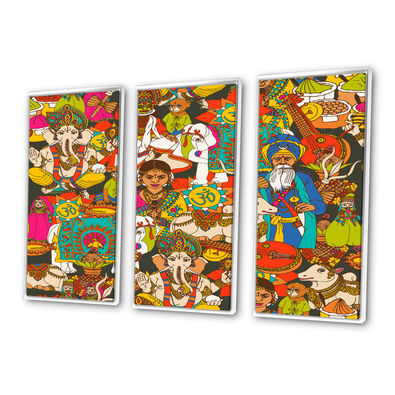 «Ganesha Indian Culture - Bohemian», ensemble de 3 toiles encadrées, H 32 po x l 48 po x P 1 po, Blanc