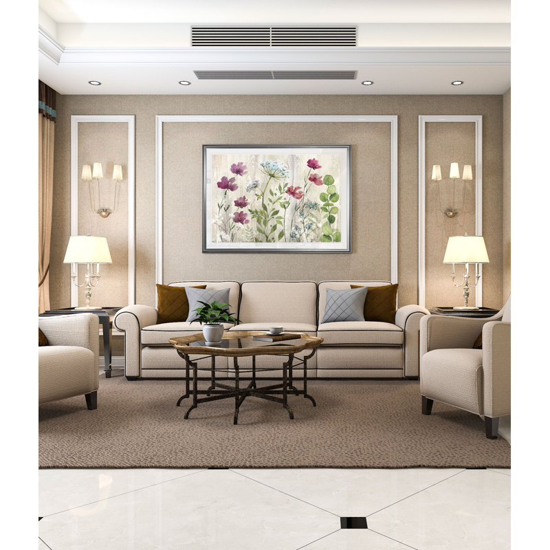 « pré fleur », reproduction d’impression, H 26 po x l 36 po x P 1,5 po, Cadre argenté