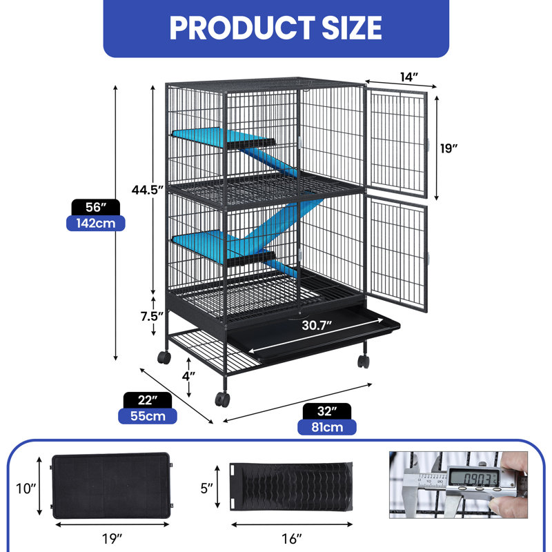  Cage à 4 niveaux sur roulettes avec étagère de rangement Flechia H 56 po x L 32 po convenant au cochon d'Inde, au furet, au chinchilla, à l'écureuil, au lapin et au petit chat