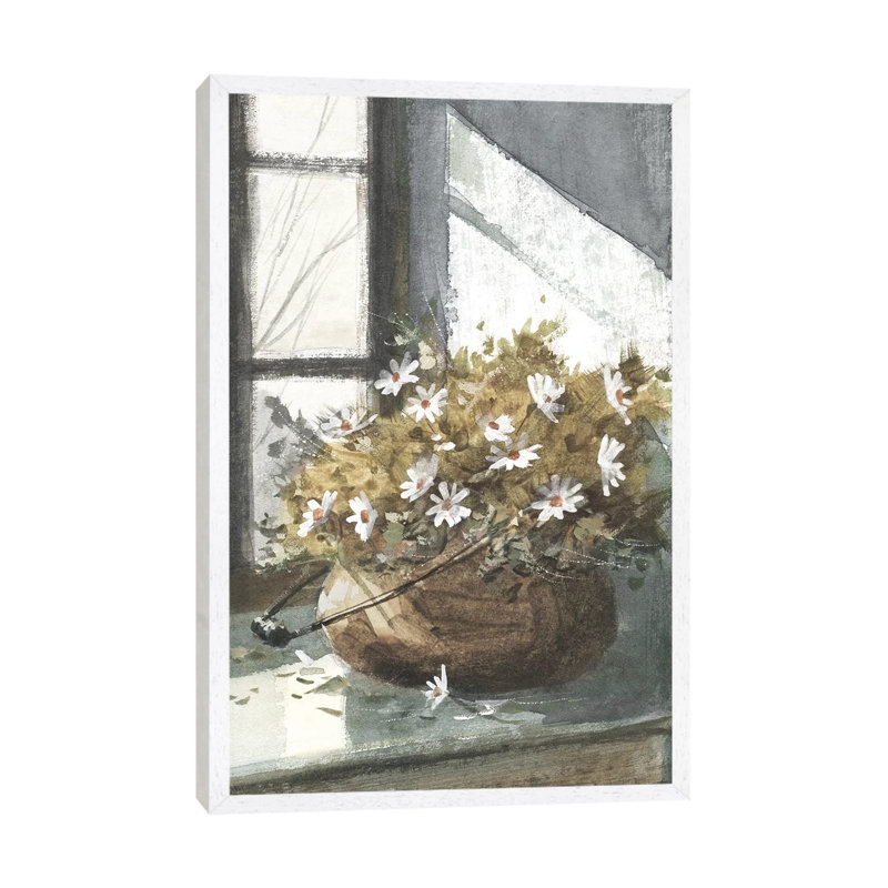 Daisies In The Window by George Bjorkland - Painting on Canvas, 66.04 cm H x 45.72 cm W, White Floater Framed