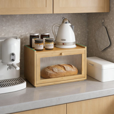 Large Bread Storage Container With Wavy Transparent Acrylic Door, Stackable Bamboo Bread Box For Kitchen Counter, Farmhouse Style Wooden Bread Keeper With Flat Top And Non-Slip Base