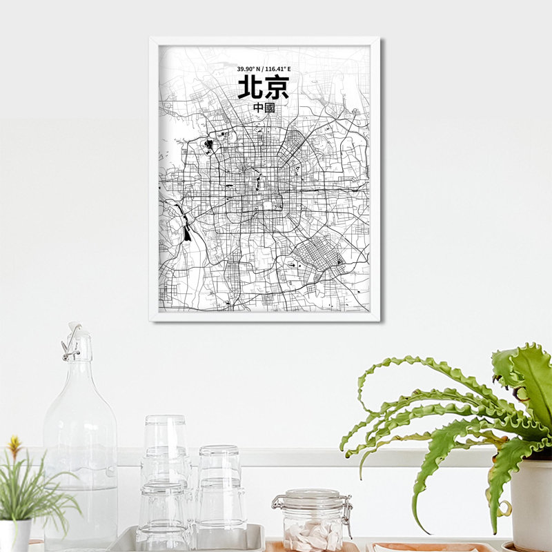 Pékin (chinois traditionnel), impression de carte de la ville, H 20 po x l 16 po, Noir / blanc