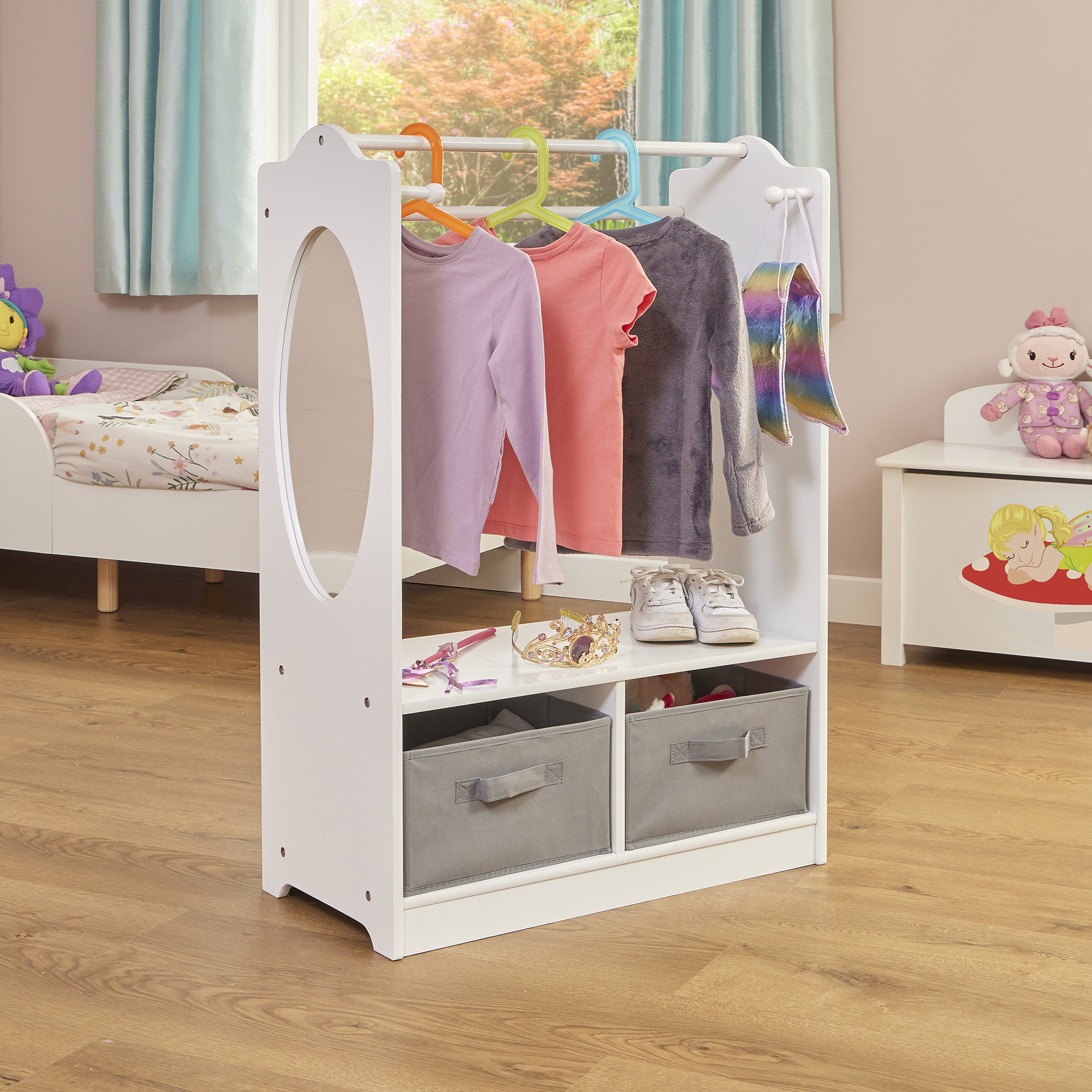 Liberty House Toys White Wooden Dress Up Unit With Grey Storage