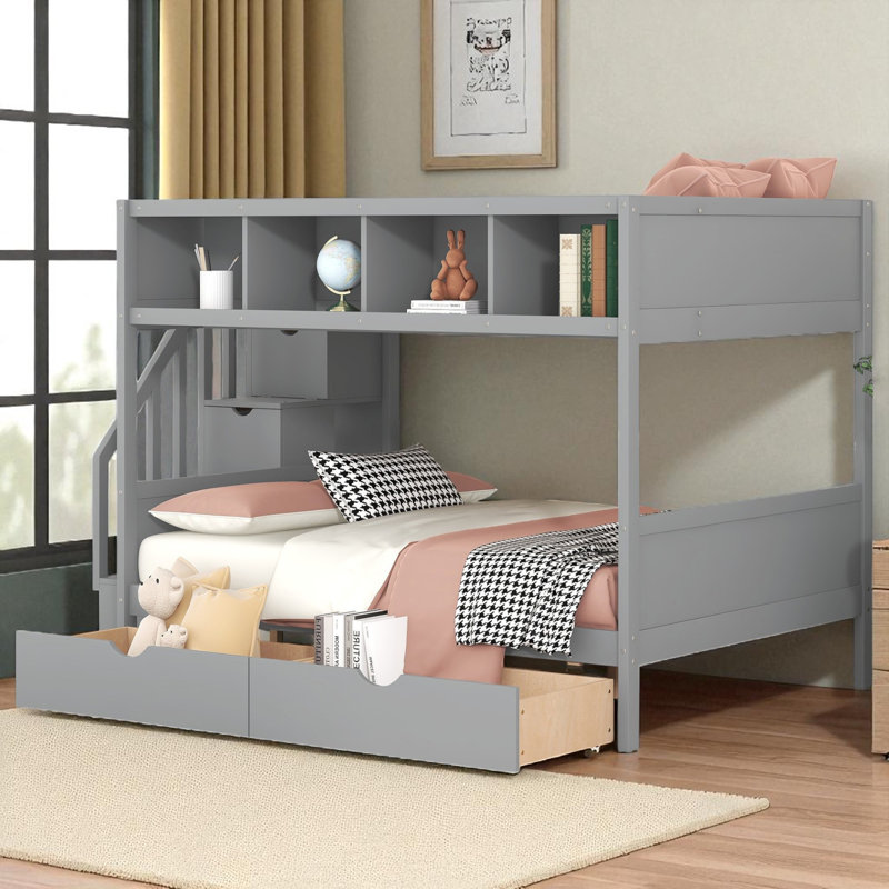 Lit simple superposé au dessus d'un lit double avec tablettes et escalier de rangement, Gris
