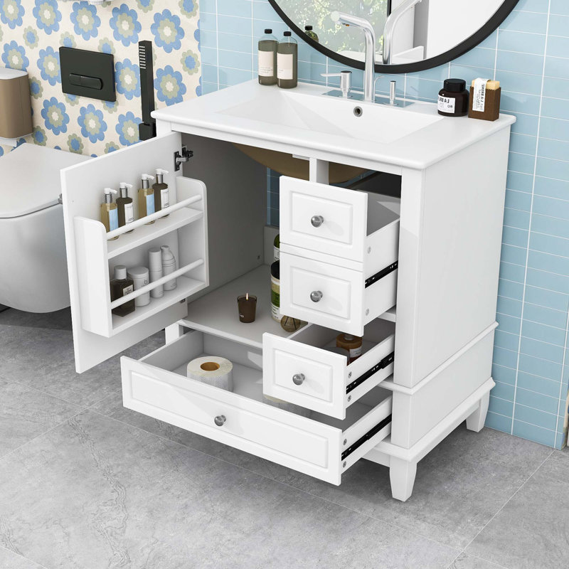 Meuble-lavabo avec lavabo, tablette et trois tiroirs, Blanc