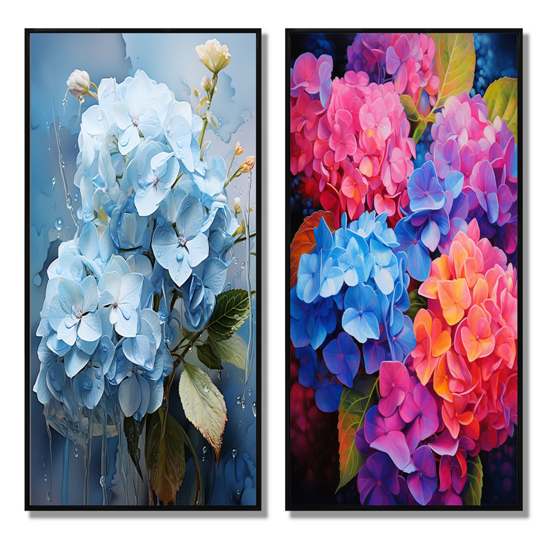 «Blue Hydrangea Subtle Serenade» «Blue Hydrangea Subtle Serenade» 2 - pièces sur, H 20 po x l 24 po, Cadre noir
