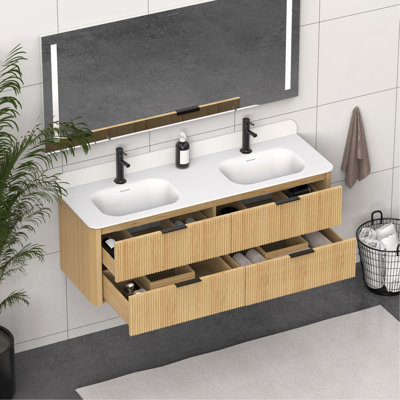 Meuble-lavabo à cannelure dorée 60 po avec lavabo intégré et quincaillerie noire 60 po