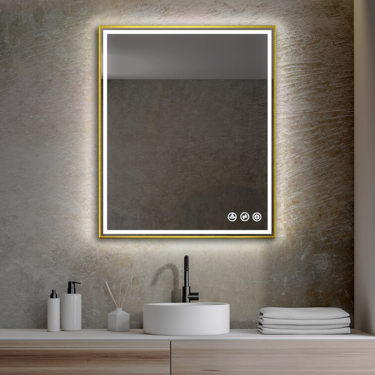 Leopoulos Modern & Contemporary Lighted Bathroom Mirror Orren Ellis Size: 36 x 30 , Finish: Brush Gold