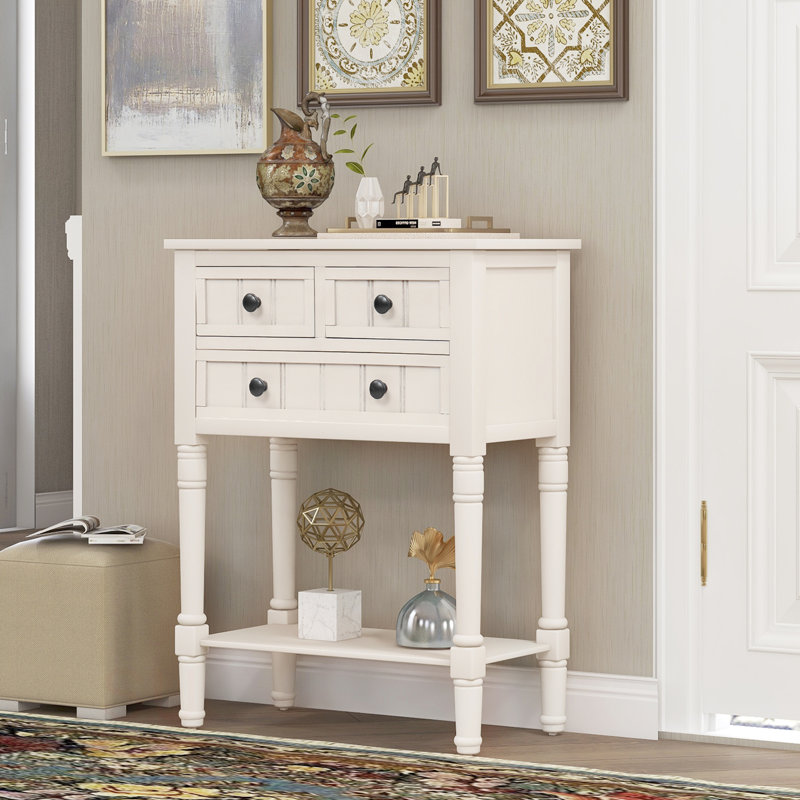 Console étroite, canapé mince avec trois tiroirs de rangement et tablette inférieure, Ivoire blanc