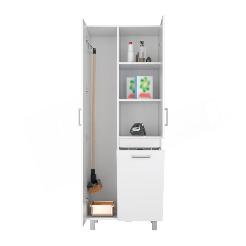 Iris 71" High Two-Door Broom Closet With Hamper, Four Shelves, Hangers, Storage Closet, Pantry Cabinet