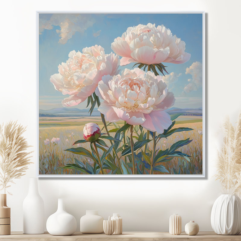 Pivoines au bord de la ferme VI - pivoines, art mural, Impression encadrée flottante, H 16 po x l 16 po, Blanc