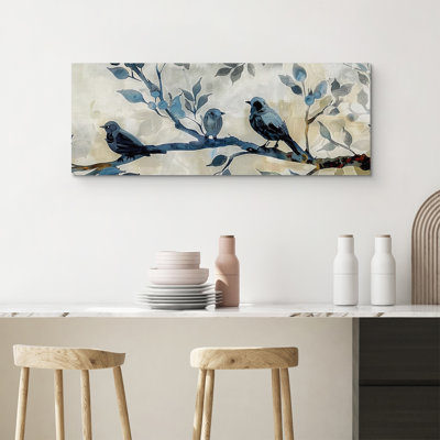Oiseaux bleus sur des branches relaxantes et calmes, art mural, décor de salon