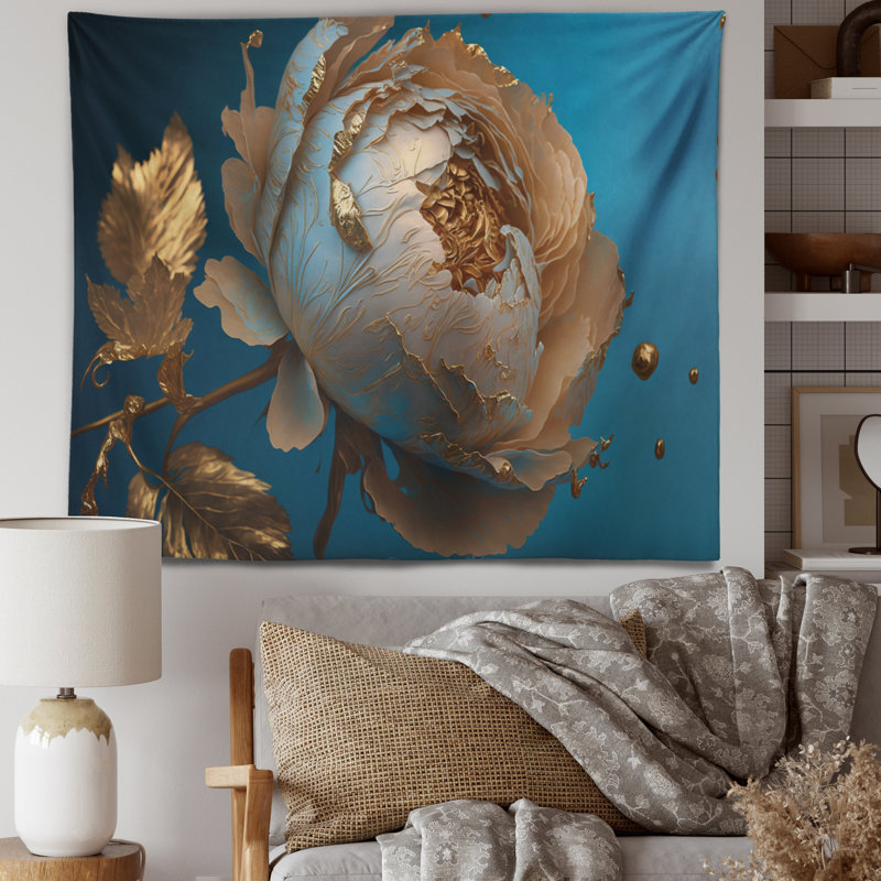 Polyester bleu glacier et pivoine dorée I tapisserie avec punaises, H 50 po x l 60 po
