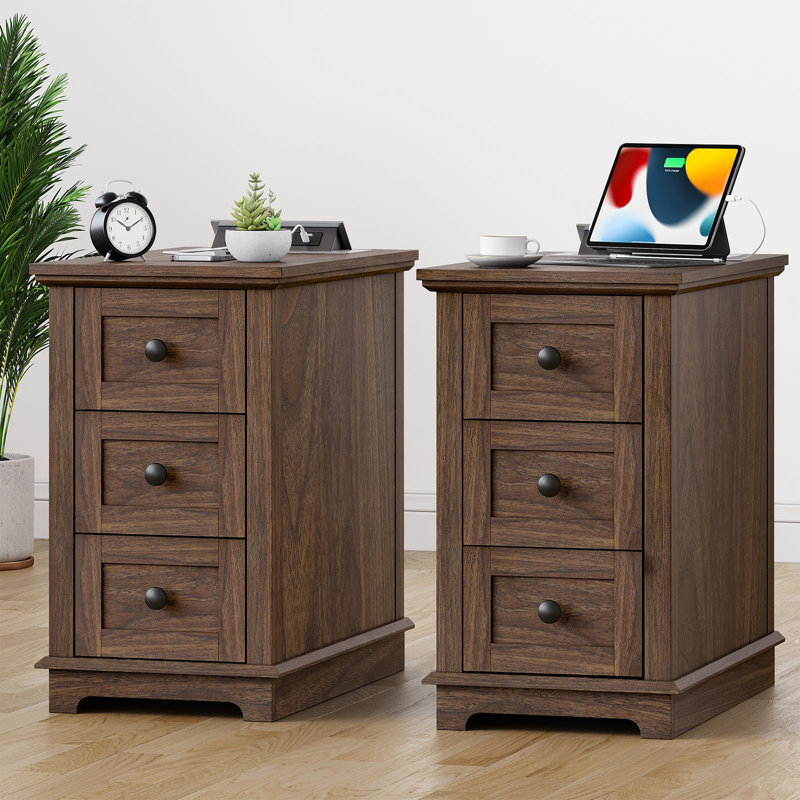 3 Drawers Sets End Tables with Storage and Fast Charging Station, White, Brown