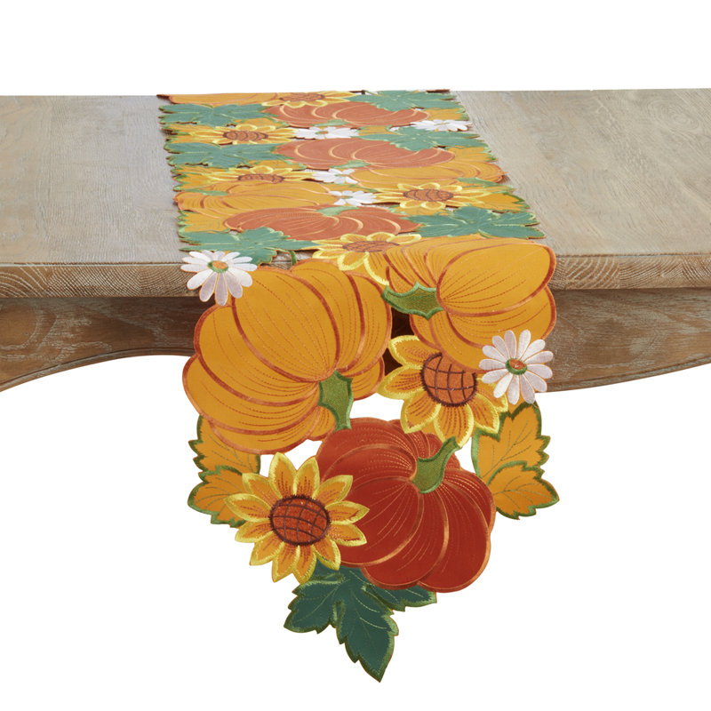 Chemin de table orange citrouille et tournesols brodé 14 po x 72 po