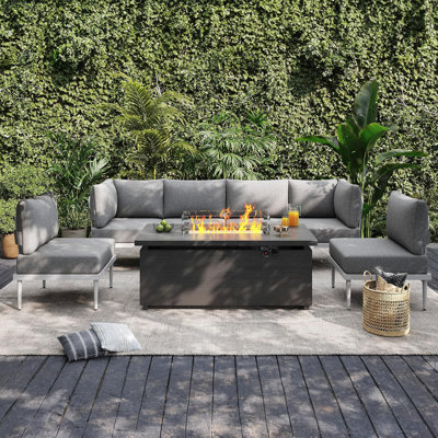 Outdoor 7 Pieces Metal Patio Furniture Set With Fire Pit Table, Outdoor Sectional Sofa W/6 Inch Olefin Cushion, Modern Outdoor Conversation Sets