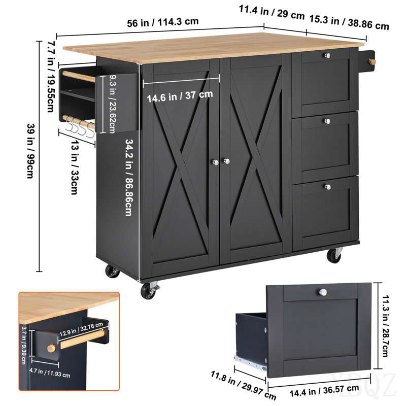Armoire de rangement sur roulettes avec tiroir et tablettes pour îlot de cuisine, H 39 po x l 45,3 po x P 27 po